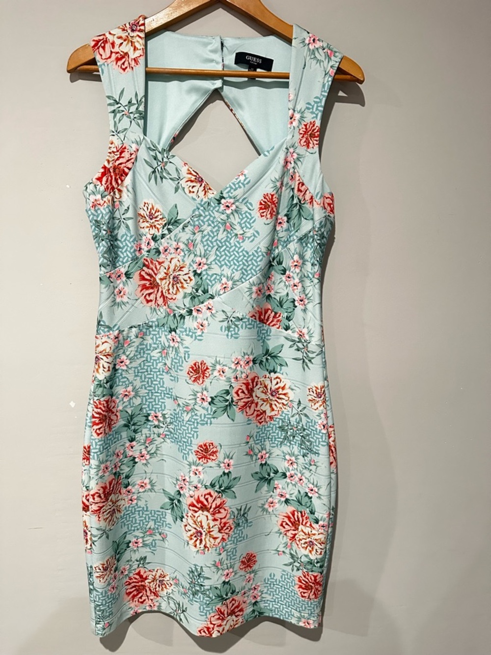 GUESS Floral Bodycon Dress Size 12 Blue Pink Sleeveless Cutout Back